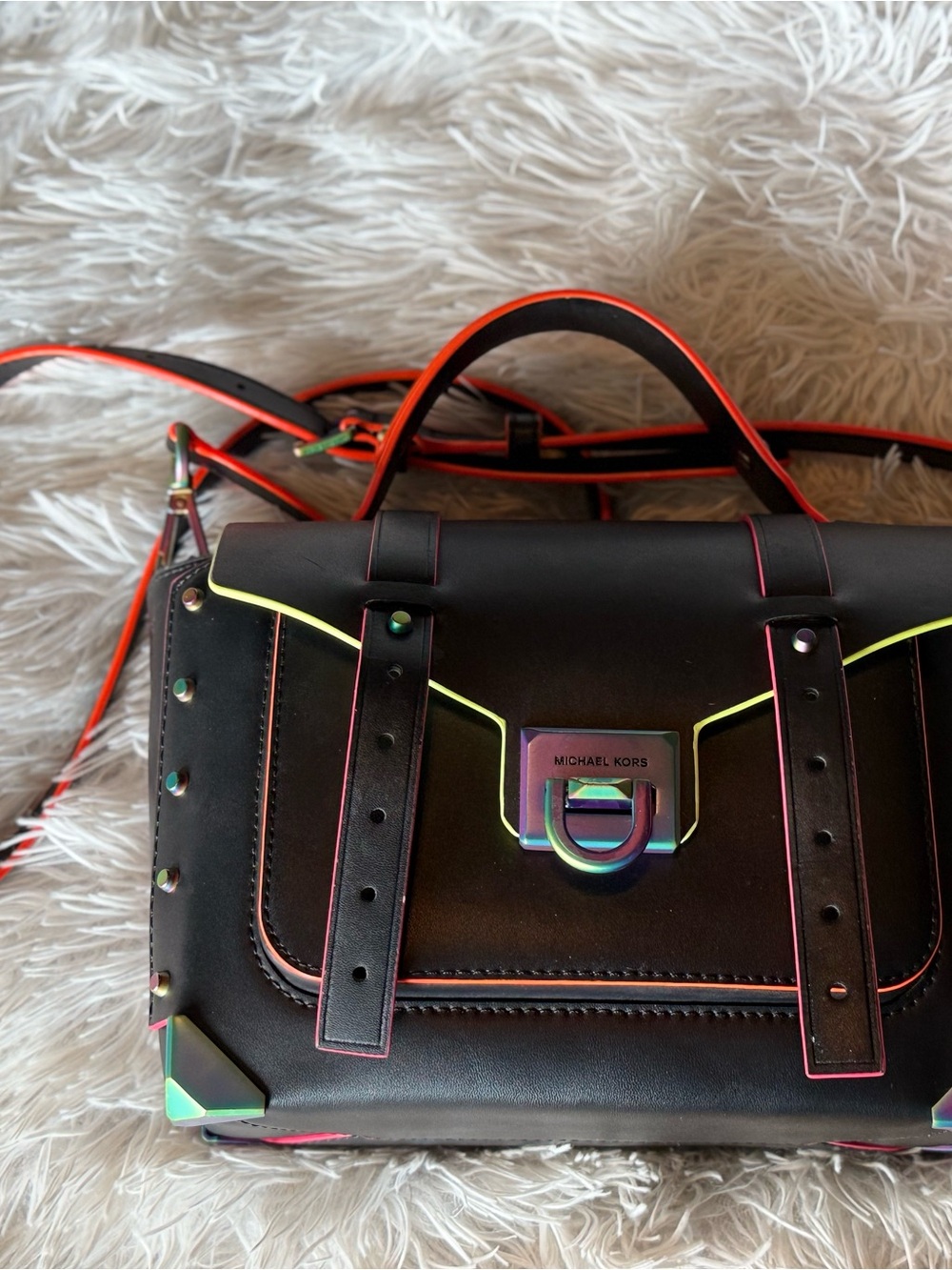Michael Kors Black Leather Satchel with Neon Trim and Iridescent Hardware